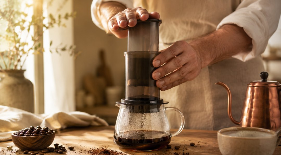 Préparation d'un café à l'AeroPress, piston pressé à la main au-dessus d'une carafe en verre