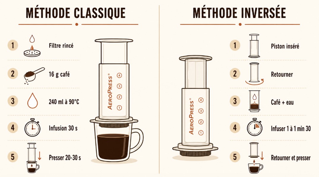 Comparaison des étapes de la méthode AeroPress classique et de la méthode inversée