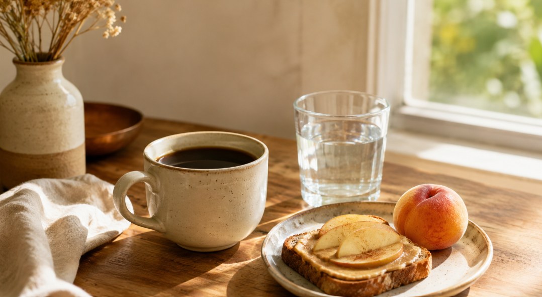 Tasse de café noir à côté d'un verre d'eau et d'un petit-déjeuner léger, lumière du matin