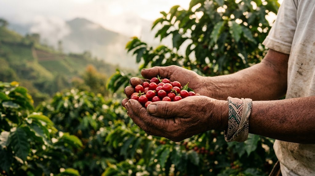 Cueilleur récoltant à la main des cerises de café rouges dans une plantation des Andes colombiennes