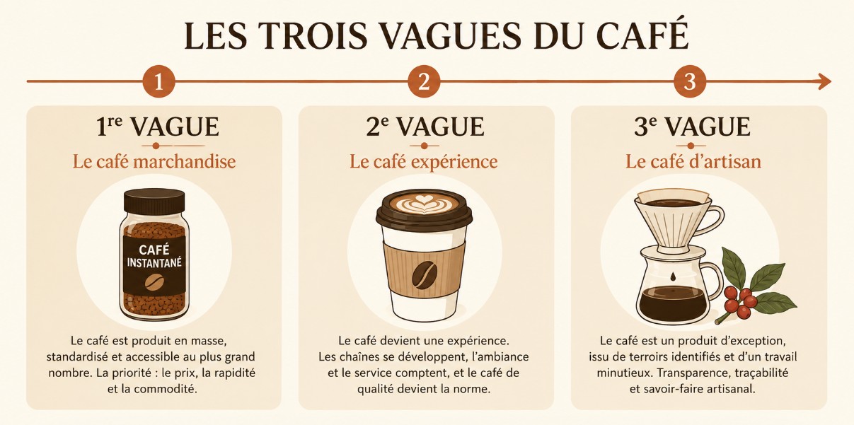 Les trois vagues du café : le café marchandise, le café expérience et le café d'artisan