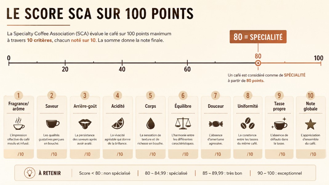 Le score SCA sur 100 points : le seuil de 80 pour la spécialité et les dix critères de dégustation