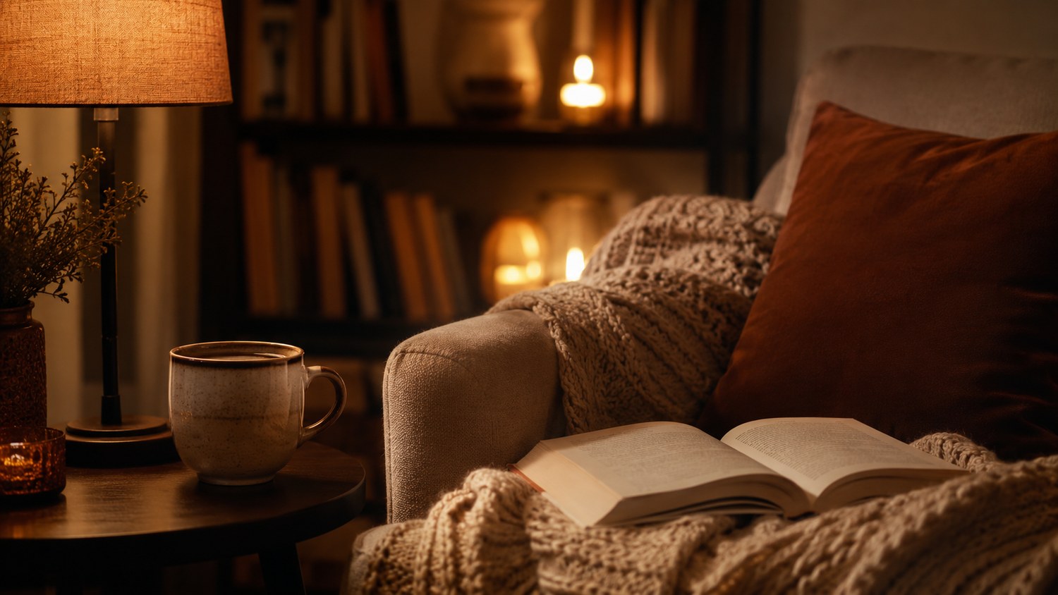 Coin lecture du soir : une tasse de café près d'une lampe douce, un livre ouvert et un plaid