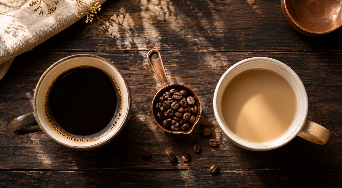 Deux tasses de café vues de dessus : un café noir corsé pour le matin, un café plus doux pour le soir, avec une cuillère de grains