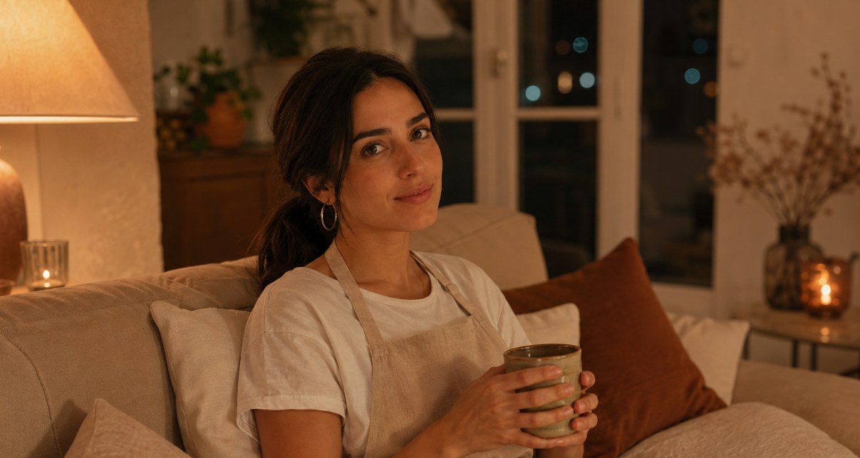 Léa, de l'équipe Art du Grain, savoure une tasse de café le soir, installée dans son salon