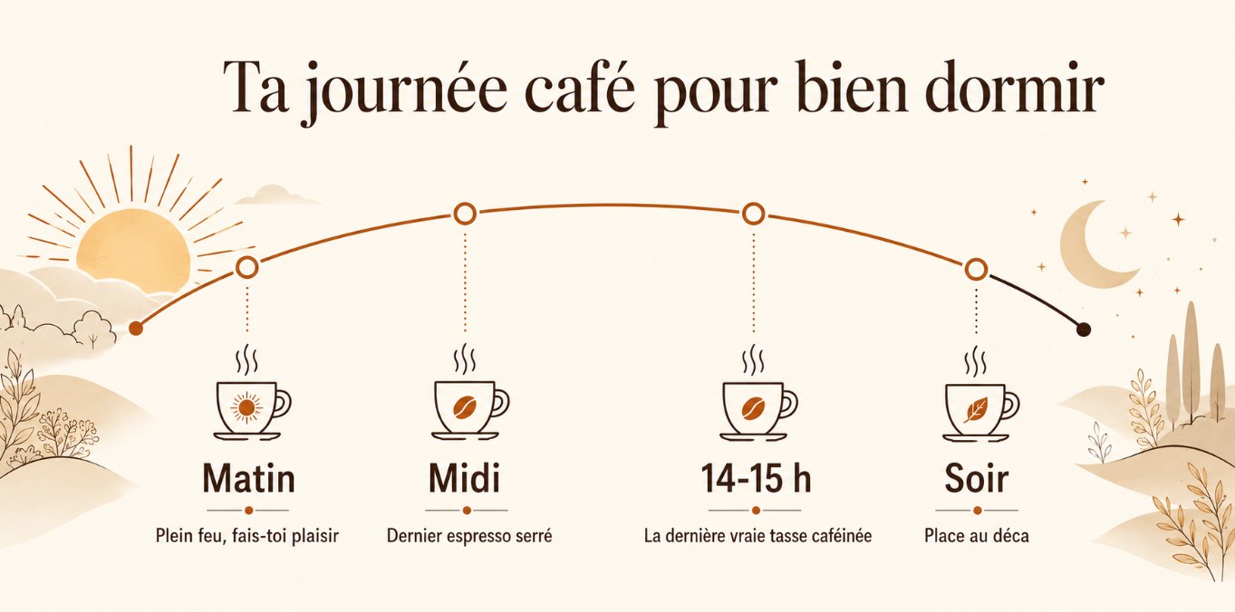 Ta journée café pour bien dormir : le matin plein feu, un espresso le midi, dernière tasse caféinée vers 14-15 h, déca le soir