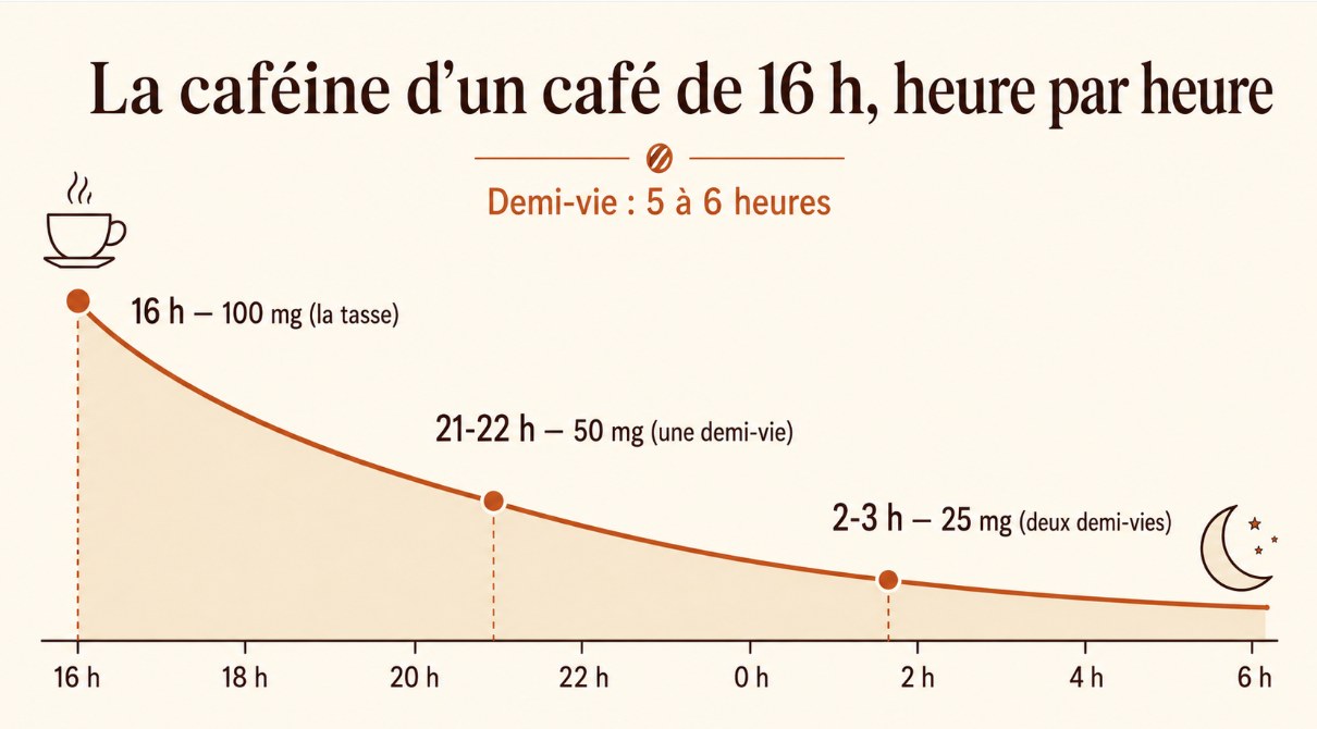 Courbe de la caféine d'un café de 16 h : 100 mg à la tasse, environ 50 mg vers 21-22 h, 25 mg vers 2-3 h. Demi-vie de 5 à 6 heures