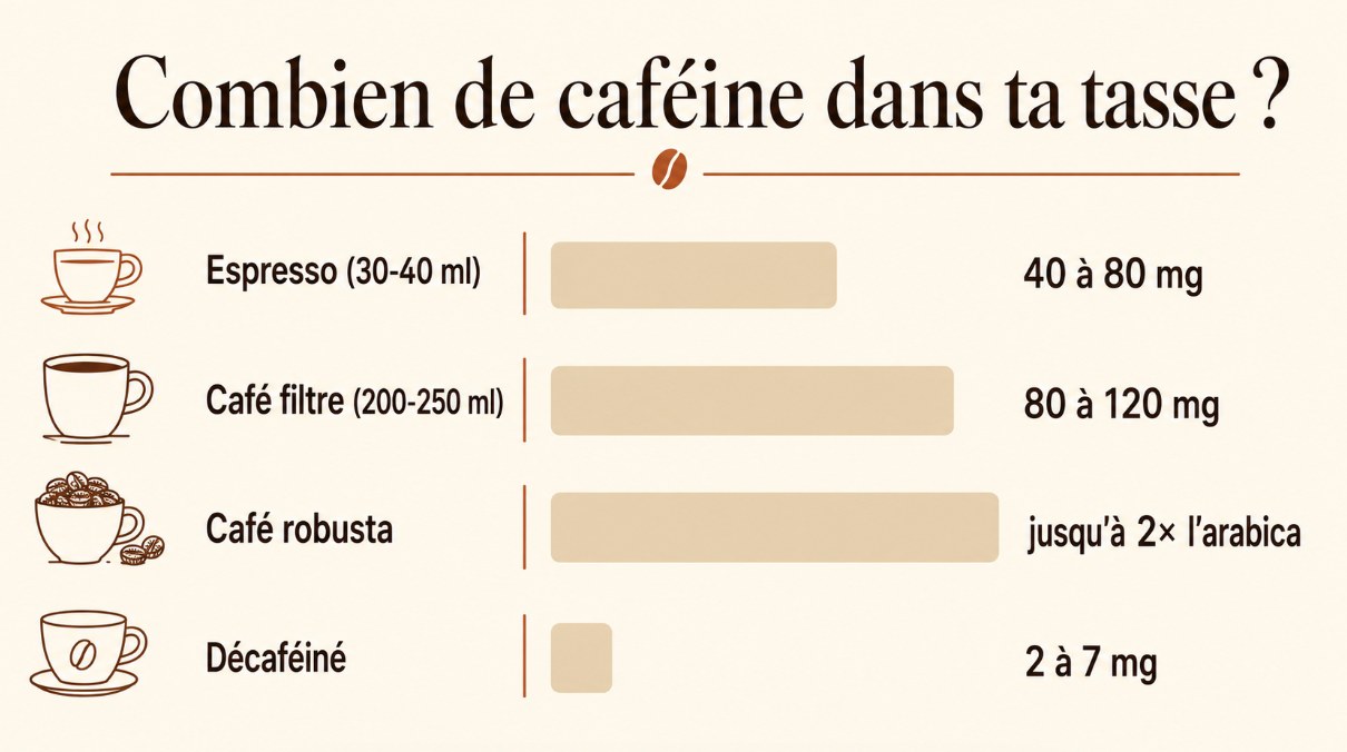 Combien de caféine dans ta tasse : espresso 40 à 80 mg, café filtre 80 à 120 mg, robusta jusqu'à 2 fois l'arabica, décaféiné 2 à 7 mg