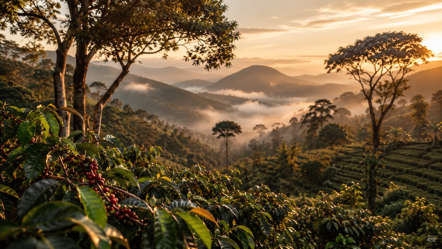 Paysage des hauts plateaux éthiopiens au lever du soleil, caféiers et collines embrumées