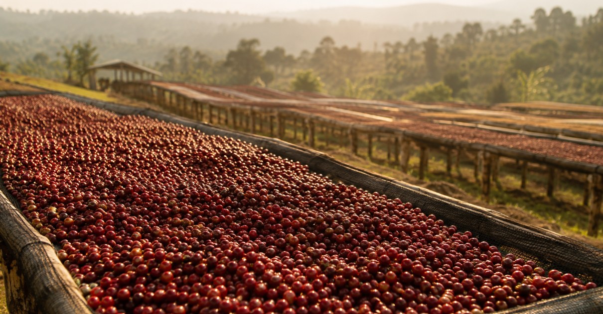Cerises de café d'Éthiopie séchant au soleil sur des lits surélevés