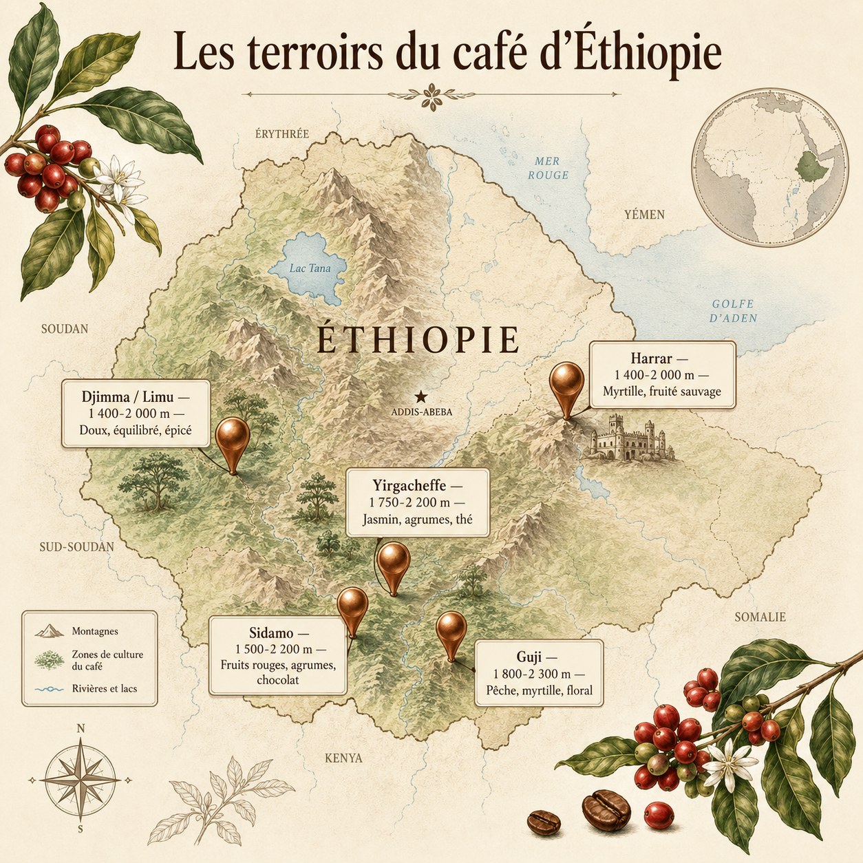 Carte des terroirs du café d'Éthiopie : Yirgacheffe, Sidamo, Guji, Harrar et Djimma, avec altitudes et profils en tasse