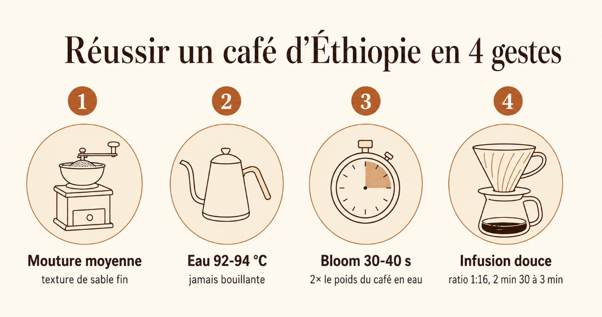 Réussir un café d'Éthiopie en 4 gestes : mouture moyenne, eau 92-94 °C, bloom 30-40 s, infusion douce ratio 1:16