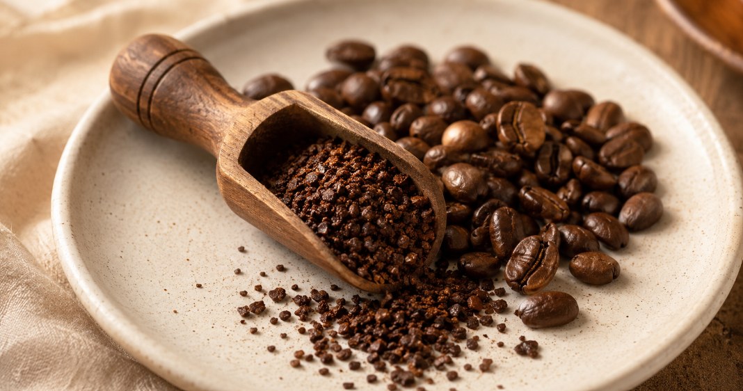 Mouture de café grossière, comparable à du gros sel, à côté de grains entiers