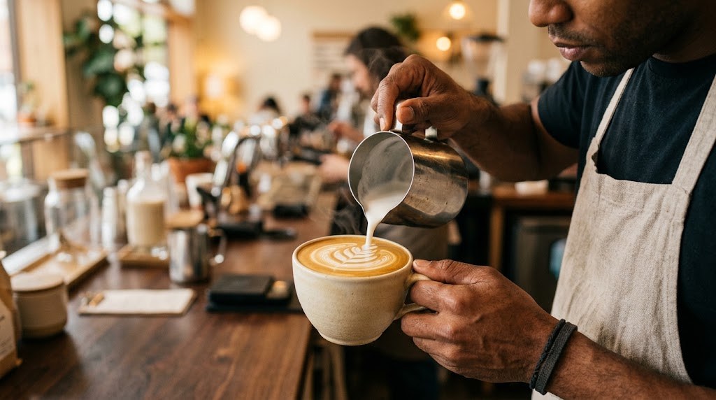 Barista versant un filet de lait microfoam dans un espresso, latte art en formation à la surface