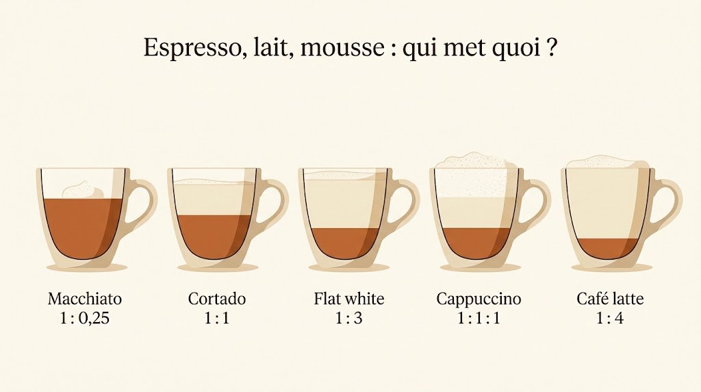 Schéma des proportions espresso, lait et mousse : macchiato 1:0,25, cortado 1:1, flat white 1:3, cappuccino 1:1:1, café latte 1:4